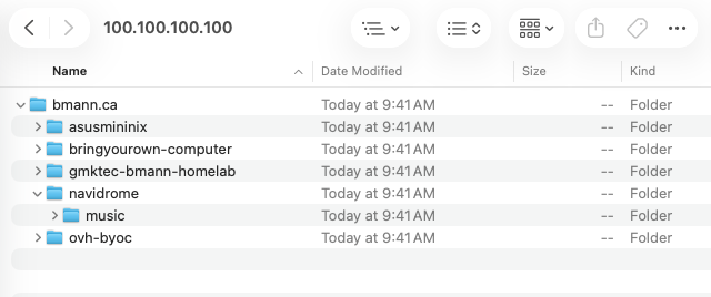 Screenshot of a finder window on MacOS showing machines on my tailnet. The navidrome folder is open and has a music folder in it